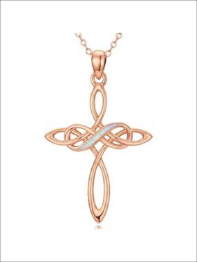 Rose Gold Plated Opal Celtic Cross Infinity Pendant Necklace